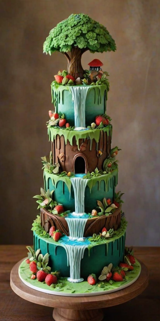 Create a whimsical multi-tiered cake inspired by a serene landscape. The cake should feature cascading waterfalls, lush greenery, and vibrant strawberries. Incorporate a charming treehouse at the top, surrounded by miniature trees and playful animals. Use rich chocolate and colorful fondant elements to enhance the natural scenery, ensuring the design is both intricate and inviting.