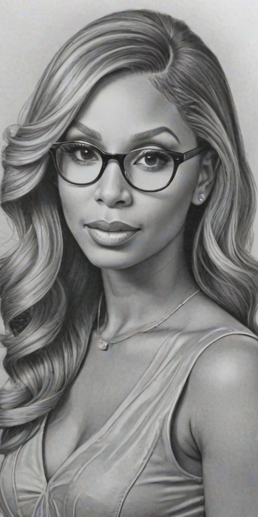 Charming Tamar Braxton, pencil sketch, portrait of Exquisite woman 1936s in glasses, hair style beatnik, outline, clear lines, fine lines, 8k