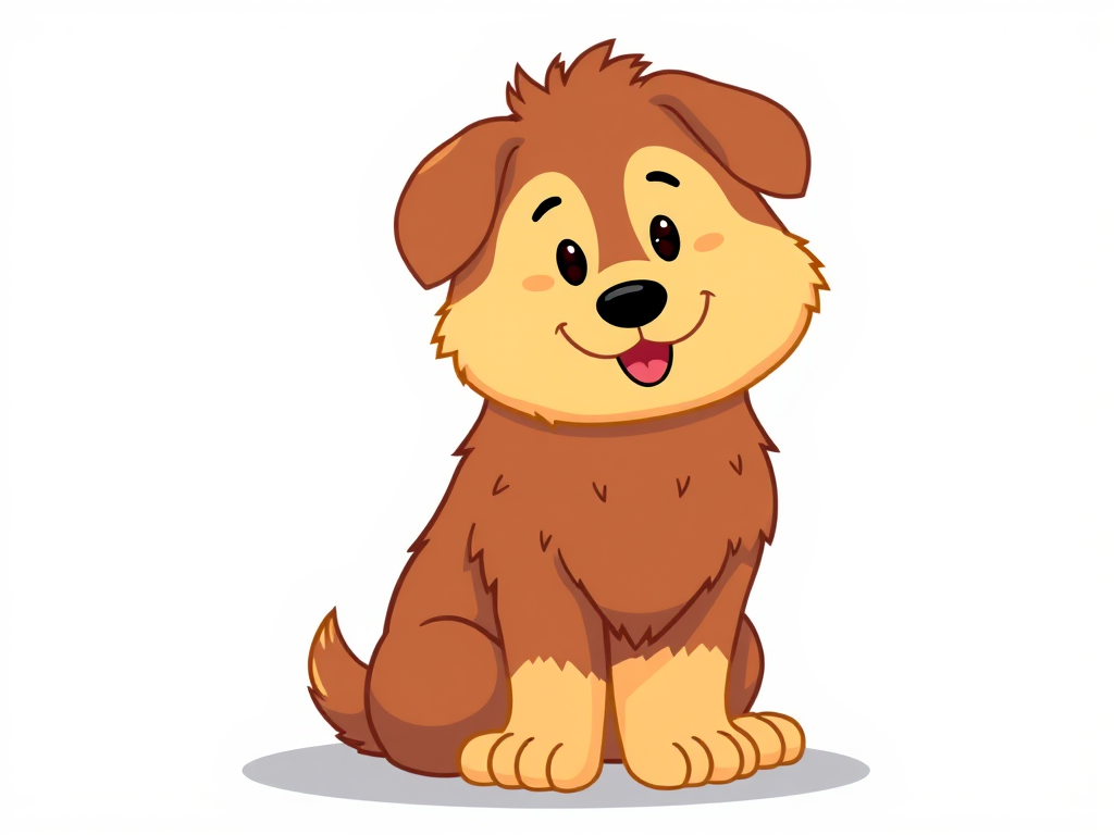 Illustration of a fluffy, cartoon-style dog with brown and yellow fur sitting, with vibrant colors and smooth lines, taken with a Canon EOS R5, 50mm lens, f/2.8 aperture, ISO 100, natural lighting, focus on the dog.