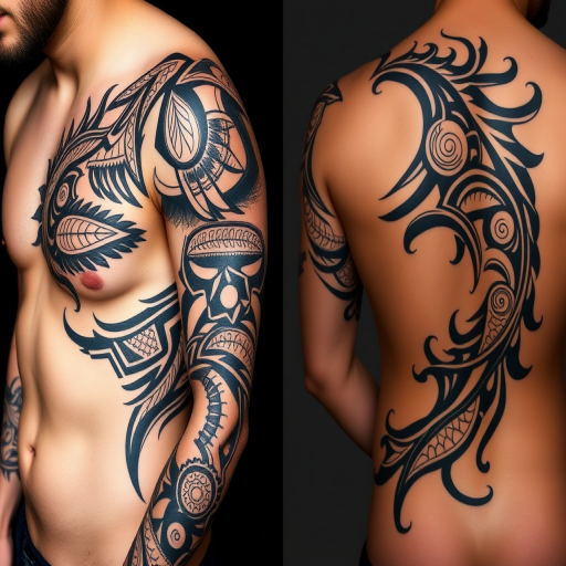 Tribal fusion tattoo named "Ancient Echo" blending traditional Polynesian and Maori motifs with contemporary design elements, creating a bold and striking pattern that flows with the contours of the body