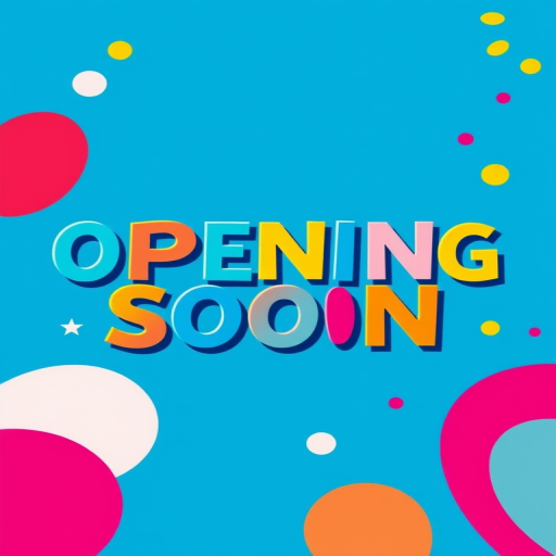 Create a vibrant graphic design featuring the text "OPENING SOON" in bold, playful typography, using a blue background with abstract shapes and patterns, high resolution, shot with a digital camera, 50mm lens, aperture f/2.8, ISO 100, top-down view, colorful and modern style.