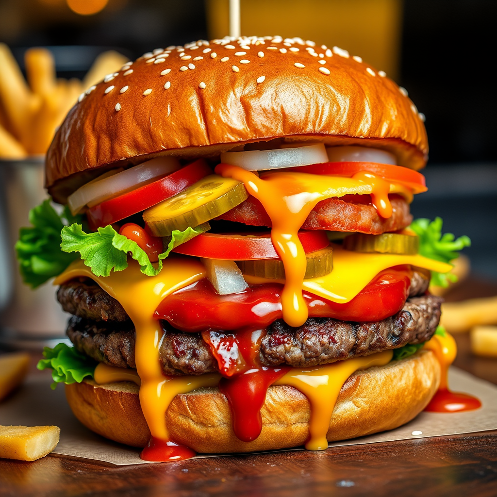 High-resolution, close-up image of a gourmet double cheeseburger. The burger features a glossy, sesame-seed-topped brioche bun. Inside, there are two thick, juicy beef patties, each topped with melted cheddar cheese. The burger is garnished with fresh lettuce, tomato slices, diced onions, and pickles. A generous amount of ketchup and a creamy, orange-colored sauce is dripping down the sides, adding to the mouth-watering appeal. In the background, there are blurred elements including a side of golden French fries and a hint of a beverage, enhancing the overall presentation of a delicious meal.