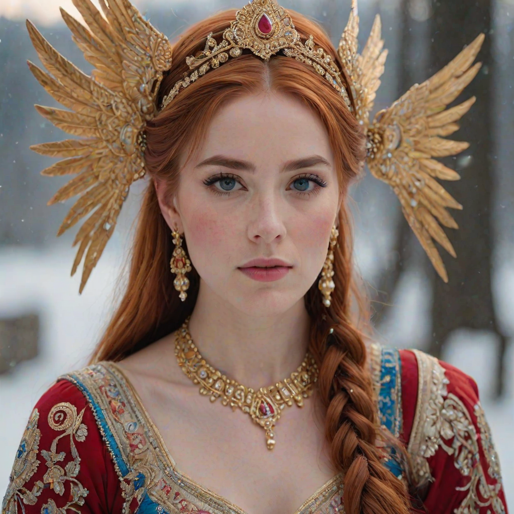 A young woman with long, flowing red hair, wearing a traditional, ornate red and blue costume with gold accents and intricate embroidery, stands facing the viewer in a close-up portrait. Her hair is styled in a high ponytail and adorned with a pair of golden, winged hairpieces. She wears gold earrings and her makeup is accented with light pink blush and a bright red lip. She has a soft and slightly melancholic expression, with her eyes looking directly at the camera. The background is a blurred, out-of-focus snowy landscape, with the woman in the foreground. The lighting is soft and natural, creating a warm, intimate atmosphere. The image is composed using a shallow depth of field, with the woman as the main focal point. The overall style is elegant, delicate, and fairytale-like.