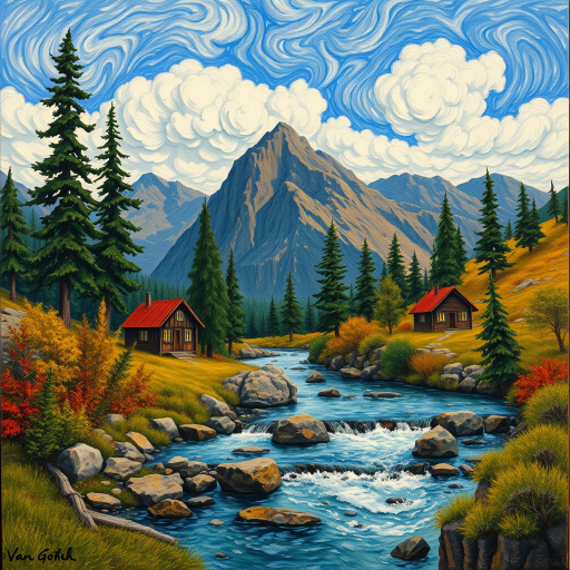This Van Gogh-inspired painting depicts a peaceful scene of a small cabin located near a flowing river. The scene is surrounded by lush vegetation, including tall trees and rocky terrain. In the background, majestic mountains rise under a sky filled with rolling clouds. The river gently cascades over the rocks, adding a sense of movement and tranquility to the scene. The use of vibrant colors and detailed brushstrokes create a sense of depth and harmony in the natural setting.