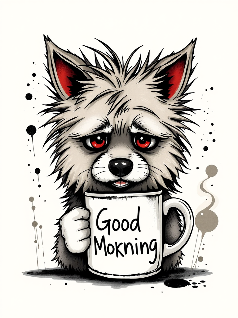 A quirky, artistic illustration of a disheveled german spitz with exaggerated, large eyes and spiky fur, holding a coffee mug that reads "Good Morning". The dog has a tired but humorous expression, with ink splatters and abstract details surrounding it, giving a whimsical feel to the image. The color palette is mostly monochrome with hints of red in the eyes and steam rising from the mug, enhancing the overall sleepy vibe