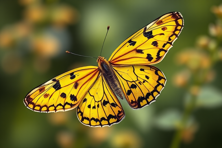 Create a highly detailed illustration of a yellow butterfly with intricate black patterns on its wings, using a macro lens, with a shallow depth of field to blur the background, captured in natural light to enhance colors, with a resolution of 300 DPI for high-quality printing.