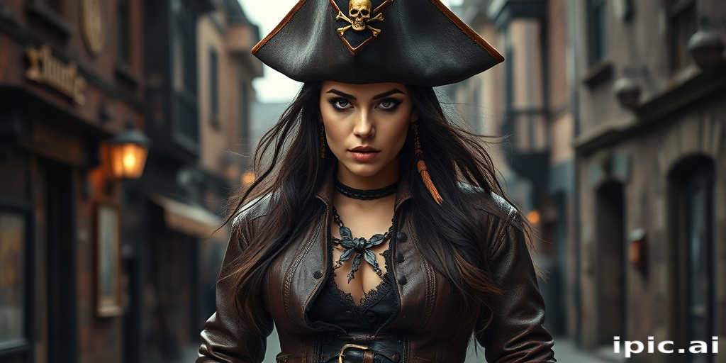 Create a portrait of a fierce female pirate. She wears a leather tricorn hat adorned with a skull and crossbones emblem, and her long, dark hair flows around her face. Her outfit consists of a richly detailed leather jacket, a corset, and multiple layers of belts and accessories, giving her a formidable and stylish appearance. She stands confidently in a dimly lit, historic port town, with a backdrop of weathered buildings and cobblestone streets, capturing the adventurous spirit of a pirate.