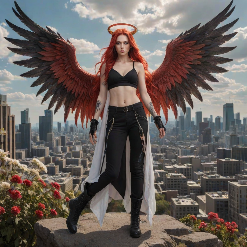 Create an image with a split composition, half representing an angel and half a demon. The angel is on the left, depicted with long, flowing blonde hair, a golden halo above her head, and wearing a white robe. She has large, feathered wings, and she's barefoot, standing amidst blooming flowers with a cityscape in the background under a clear blue sky with a few clouds. The demon is on the right, featuring long, wavy black and red hair, red horns on her head, and wearing a black crop top and black cargo pants. She has large, bat-like wings with red and black hues, and is wearing black combat boots. Her skin is adorned with tattoos. The background on the demon's side is dark and smoky, with hints of flames and a red tail curling behind her. Both figures stand back-to-back, creating a stark contrast between light and dark, good and evil.