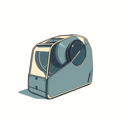 Create a detailed illustration of a vintage tape dispenser in a minimalistic style, using a wide-angle lens with an aperture of f/4 for depth of field, shot from a low angle to capture the sleek design, in high-resolution digital format.