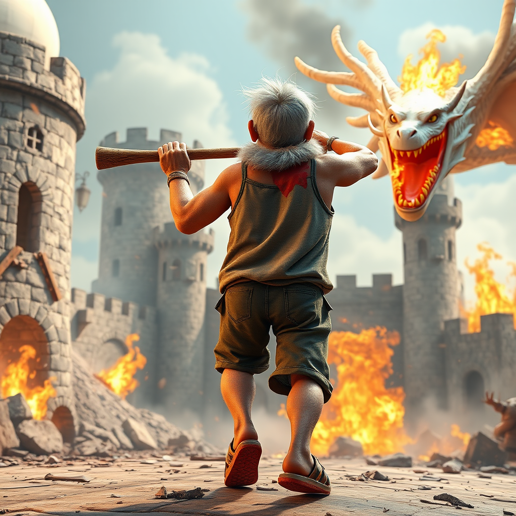 Cartoon 3D High-Resolution,dynamic battle scene using Unreal Engine 5 and Octane Render. The scene features back of an elderly, thai man with a beard,messy hair and round golden-rimmed glasses. He is wearing a tattered tank top with soot marks, shorts, and sandals. sweating. he wields a baseball bat. He jump to fight with a white fire-breathing Europe dragon amidst a partially destroyed stone castle. Include intense flames, smoke, and debris to enhance the dramatic effect.