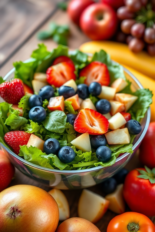 A vibrant close-up of a fresh salad bowl filled with mixed greens, strawberries, blueberries, and diced apples, surrounded by an array of colorful fruits on a wooden table, captured with a Canon EOS R5, 50mm lens, f/1.8 aperture, ISO 100, natural light to enhance colors and details.