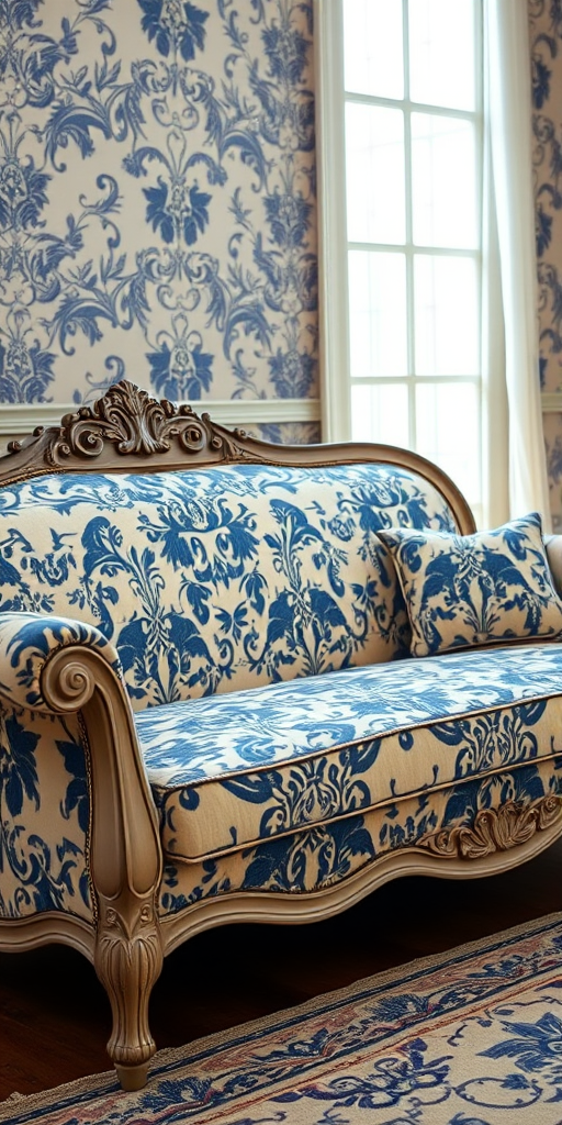 generate a high-resolution image of an elegant vintage sofa with intricate blue and white floral patterns, soft lighting, taken with a DSLR camera at f/2.8, ISO 200, 50mm lens, centered composition and shallow depth of field