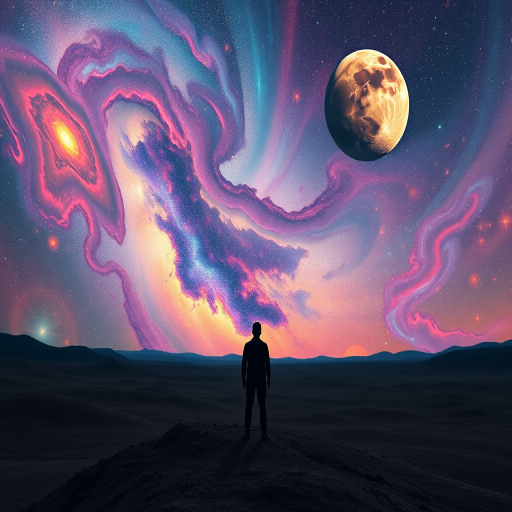 a surreal landscape featuring a figure silhouetted against a cosmos of swirling galaxies and vibrant colors, with two large moons in the sky, shot with a Canon EOS R5, 50mm lens, aperture f/1.8, ISO 100, in a long exposure style for enhanced depth and color vibrancy