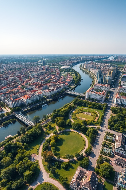 aerial view of a cityscape with a river and green parks, clear sky in the background, using a DSLR camera, ISO 100, aperture f/8, shutter speed 1/200s, in high-resolution, HDR tone mapping for enhanced contrasts and details