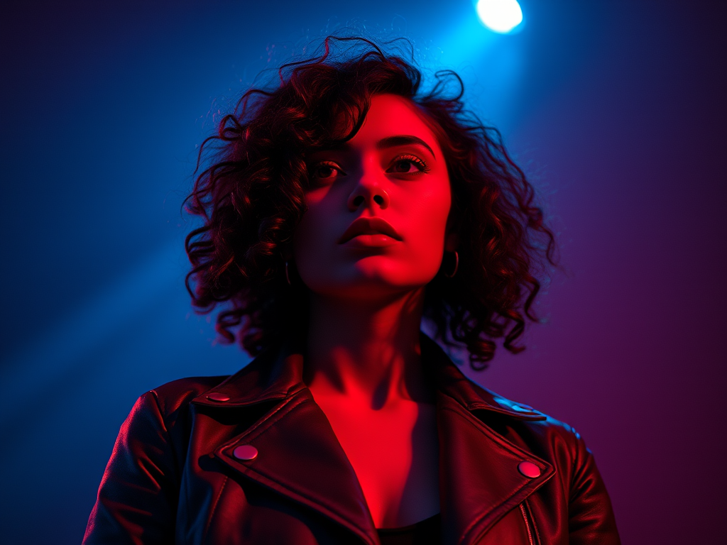 Portrait of a woman with curly hair and a leather jacket, illuminated with dramatic red and blue lighting, shot with a Canon EOS R5, 85mm f/1.2 lens, ISO 100, shutter speed 1/200s, low angle view, cinematic style, high dynamic range.