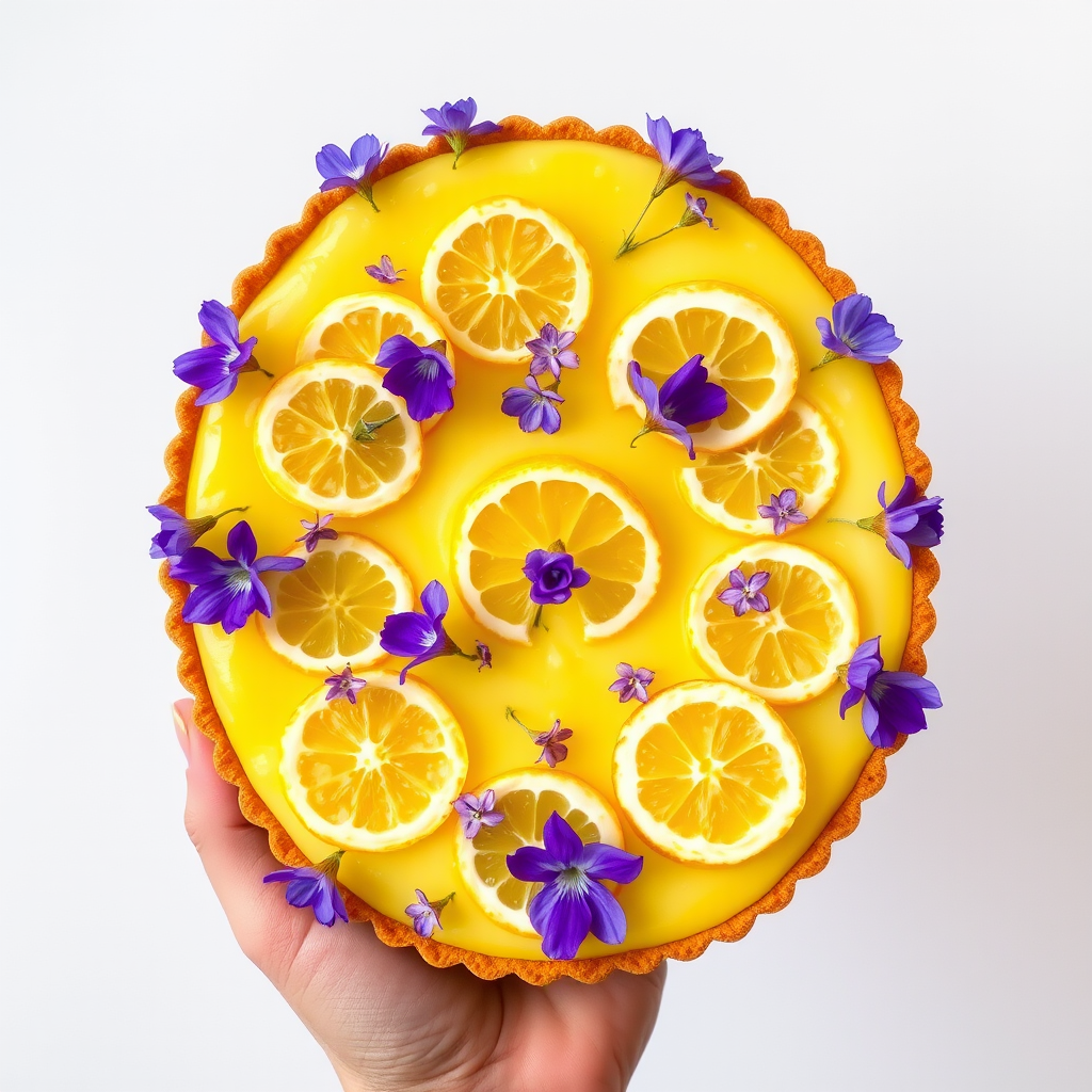 A beautifully arranged oval dessert with a smooth yellow surface topped with fresh lemon slices and delicate purple flowers, held by a hand against a neutral background.
