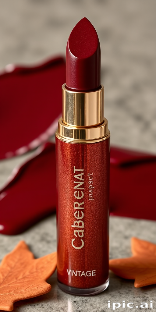 Rich burgundy liquid lipstick with metallic copper undertones, titled "Vintage Cabernet," providing full coverage and a luxurious satin finish, complementing autumn-inspired fashion