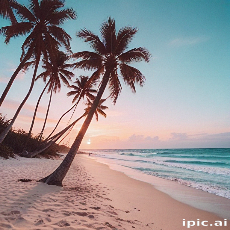 Tranquil Sunset Over a Serene Beach Lined with Tall Palm Trees