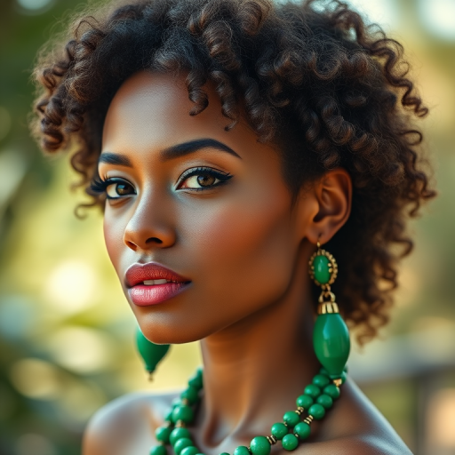 portrait of a model with natural curly hair wearing vibrant green jewelry and makeup, soft focus background, f/1.8 aperture, ISO 100, 85mm lens, natural lighting, high dynamic range photography