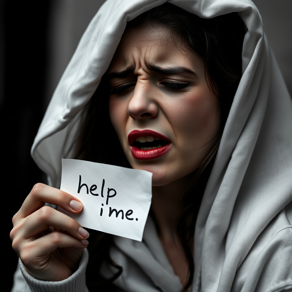 crying woman holding a note which says "help me"