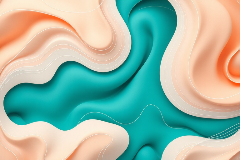 Create a high-resolution abstract pattern of flowing organic shapes in soft peach and teal colors with intricate white line contours, using a macro lens at f/8 aperture, 1/125 shutter speed, and ISO 100, capturing a top-down view with a digital SLR camera for enhanced image clarity and detail.