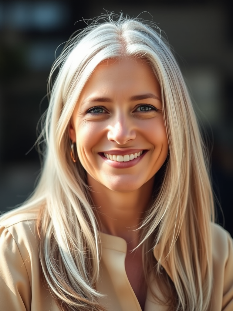 portrait of a smiling woman with long, silver hair wearing a beige blouse, soft natural lighting, aperture f/2.8, 50mm lens, shallow depth of field, Canon EOS R5, soft focus background