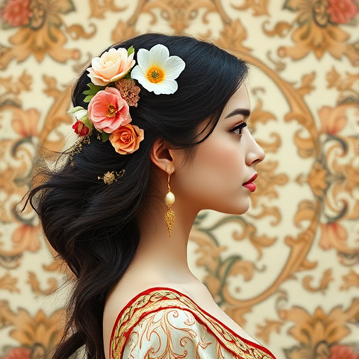 Regenerate an image of a young woman in profile with flowing dark hair decorated with flowers and ornate golden accents, set against a background of intricate floral patterns, using a Canon EOS R5 camera, 50mm f/1.2 lens, at f/1.2, ISO 100, natural lighting with a soft focus style.