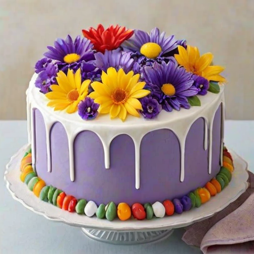 Create an image of a beautifully decorated cake featuring a variety of colorful flowers made from icing. The cake should be round and displayed on a glass cake stand. Include vibrant flowers like purple and yellow blooms, with delicate white flowers scattered around the base. The background should be softly blurred to emphasize the cake's details.