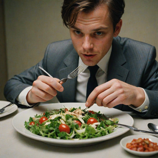 detailed edges, detailed image, perfection style, A cinematic detailed image of a man in a suit eating a salad with a fork, movie themed, sharp, detailed background, epic cinematic photography, artistic style, dramatic light style, cinematic color style, Kodak 35mm film style, detailed style, hand focus style, holding, food, table, knife, plate, realistic, spoon, fork, holding fork, food focus, vegetable, 1boy, fingernails, out of frame, photorealistic