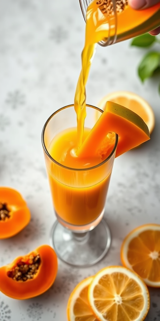 Create a high-resolution image of a fresh papaya being poured into a clear glass filled with orange juice, captured with a Canon EOS R5 using a 50mm lens, f/1.8 aperture, ISO 100, shot from a top-down perspective in natural lighting to enhance colors and details.
