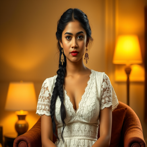 Create a portrait of a refined and elegant Nepali woman seated in a sophisticated setting. She has long, wavy hair styled in two thick braids that are pulled over her shoulders. She wears a white, lace gown with intricate patterns, featuring a deep V-neckline and short sleeves. The dress exudes a vintage charm with its delicate lacework. She is adorned with ornate, dangling earrings that add a touch of glamour to her appearance. The background is softly lit, with warm, ambient lighting that creates a cozy and inviting atmosphere. Her expression is poised and serene, capturing a sense of grace and elegance.