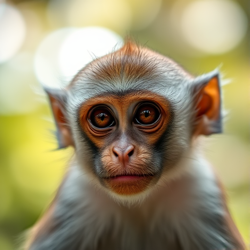 Create a close-up shot of a monkey, showcasing detailed fur textures and expressive eyes, natural background with bokeh effect, using a Canon EOS R5, 85mm f/1.2 lens, ISO 100, aperture f/1.2, shutter speed 1/500s, with soft natural lighting.