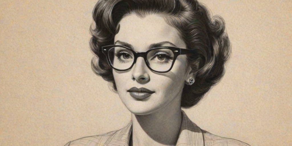 Dazzling Shay Rudolph, pencil sketch, portrait of Wonderful woman 1955s in glasses, hair style beatnik, outline, clear lines, fine lines, 8k