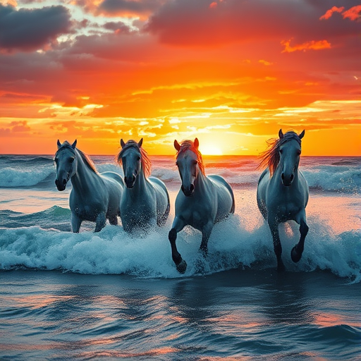 A dramatic sunset with four white horses galloping through ocean waves, vibrant colors reflecting on the water, captured with a Canon EOS R5, 50mm lens, f/1.8, ISO 100, 1/2000s, in portrait mode with a warm color profile.