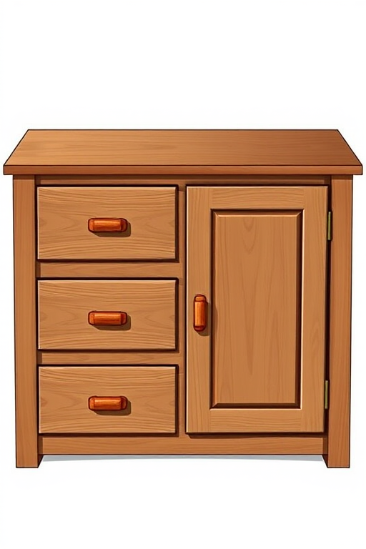 Create a high-resolution illustration of a brown wooden cupboard with four drawers and a door, shot with a DSLR camera at f/8, ISO 100, 50mm focal length, top-down view, natural lighting.