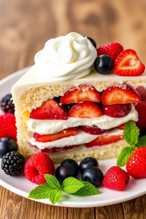 A slice of vanilla cake layered with cream and mixed berries including strawberries raspberries blueberries and blackberries garnished with whipped cream on top served on a white plate with fresh berries and mint leaves on the side