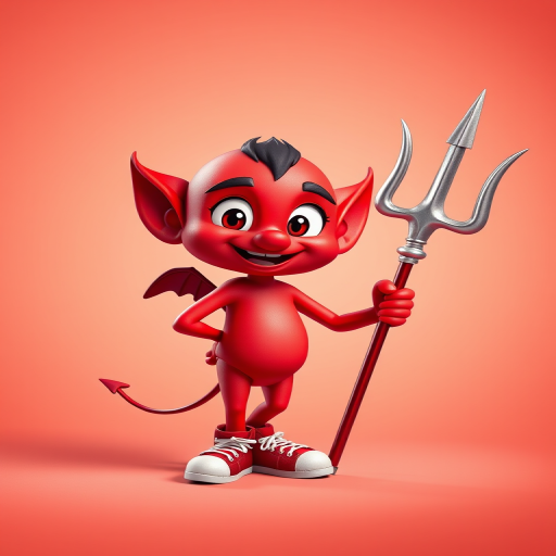 Create a vibrant cartoon image of a cute red devil character holding a silver trident, wearing red sneakers, in a playful pose, with bright colors and a simple background, captured in high resolution using a DSLR camera, 50mm lens, f/2.8 aperture, ISO 100, and soft diffused lighting for enhanced clarity and detail.