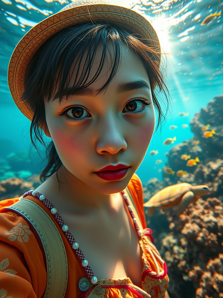 Realistic selfie image of a Asian, wearing a vintage outfit, detailed dreamy eyes, droopy hooded eyes, staring at the camera, taken underwater at coral reef with a sunbeam filtering through the water, vibrant, summer vacation, natural lighting, turtle and school of tropical fish with vibrant colors, rendered in the style of CryEngine, Pegi Nicol MacLeod, with realistic genre scenes, hauntingly beautiful narratives, ultra-realism, and Thomas Saliot's close-up technique, 8K resolution, crystal clear and sparkling water.