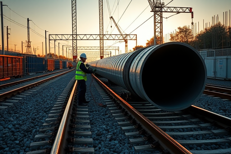 A construction scene on railway tracks with workers in safety gear handling a large pipe, captured with a DSLR camera at f/2.8, 1/250 sec, ISO 100, in a wide-angle lens view, during golden hour for enhanced lighting and contrast.
