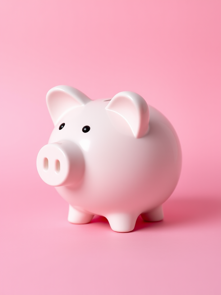 Create a minimalist illustration of a piggy bank with a yellow coin slot against a pink background, shot with a Canon EOS R5, 50mm lens, f/2.8 aperture, ISO 100, soft natural lighting for enhanced colors and contrasts.