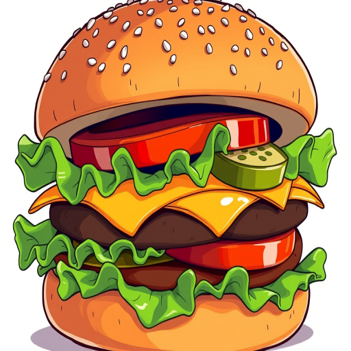 A vibrant cartoon-style illustration of a burger with a sesame seed bun, crisp lettuce, juicy tomato, pickles, and cheese, captured in a close-up shot using a DSLR camera at f/2.8 aperture, ISO 100, and a 50mm lens for enhanced depth of field and clarity.