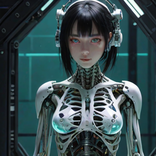 masterpiece, newest, masterpiece, best quality, amazing quality, very aesthetic, absurdres, 1girl, android, aqua eyes, black hair, bone, glowing, gradient background, looking at viewer, mechabare, mechanical spine, medium hair, ribs, robot, science fiction, see-through body, skeletal body, slime solo, spine, translucent, transparent, scars,