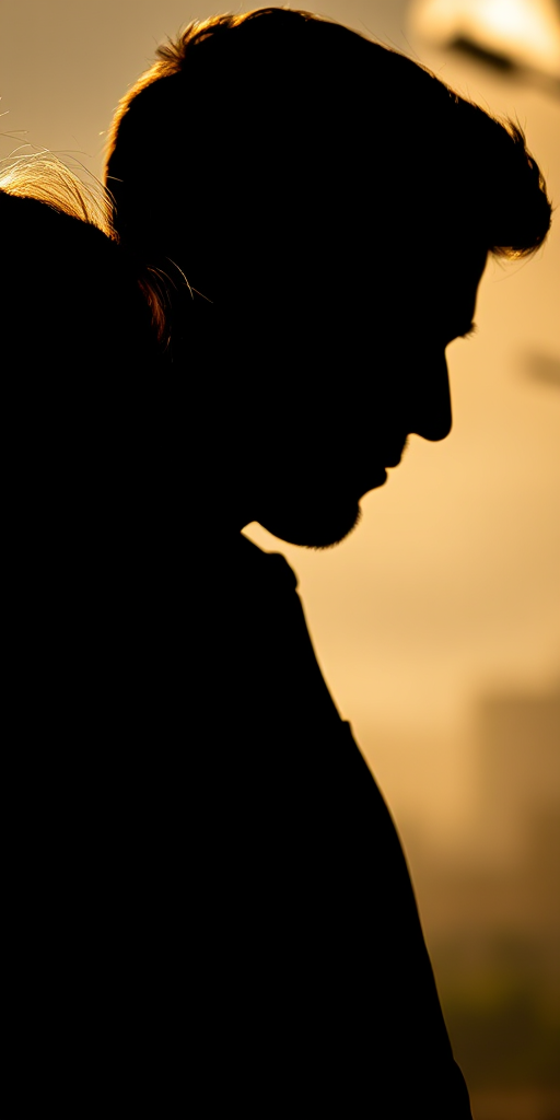 Create a high-resolution silhouette image of a man and woman in profile, shot with a Canon EOS R5 at f/1.8, ISO 100, 50mm lens, natural light, shallow depth of field, soft focus background.