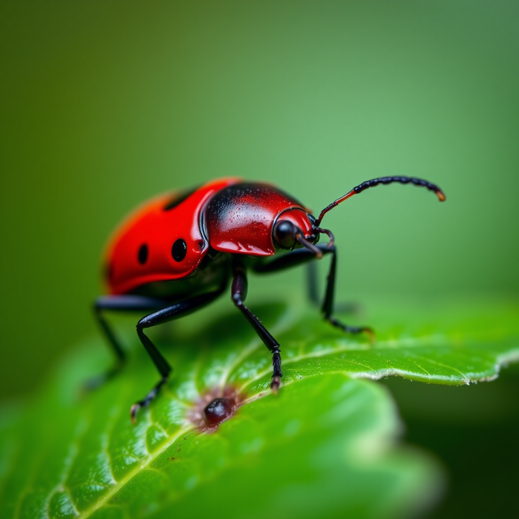 macro photo of a red and black beetle on a green leaf, shallow depth of field, aperture f/2.8, ISO 100, 85mm lens, natural light, focus on the beetle, background blur for emphasis on details