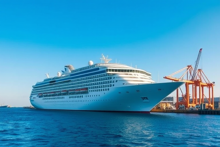 high-resolution image of a large cruise ship docked at a port under a clear blue sky, captured with a DSLR camera setting ISO 100, aperture f/8, shutter speed 1/250 sec, wide-angle view, with soft natural lighting to enhance details and colors