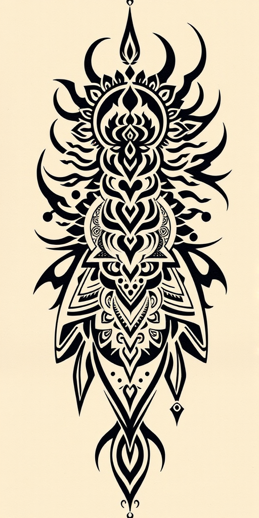 Tribal fusion tattoo called "Ancient Echoes" combining elements from various cultural styles with organic flowing lines and bold black patterns for a modern take on traditional designs