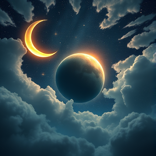 Generate an image of a dreamy night sky filled with fluffy clouds a glowing crescent moon and a large planet surrounded by twinkling stars and soft wispy clouds in a palette of dark blues and soft golds. The scene should evoke a sense of calm and wonder.