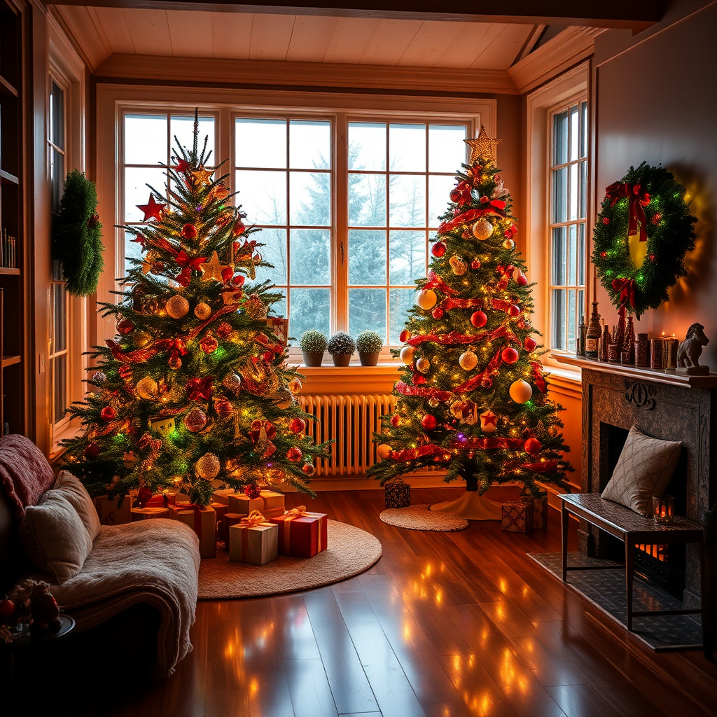 Cozy interior of a warmly lit room with wooden flooring decorated for Christmas featuring a beautifully adorned Christmas tree with colorful lights and presents underneath it large windows letting in soft natural light a comfortable seating area with plush cushions and a festive wreath hanging on the wall