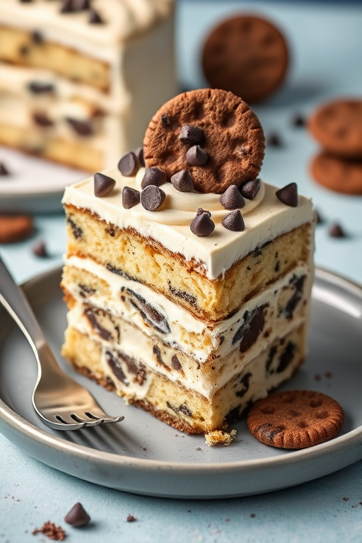 A slice of cake on a gray plate with a fork beside it the cake is layered with a creamy filling that has cookie pieces and chocolate chips on top there is a swirl of frosting and a cookie garnish in the background there are hints of chocolate crumbs and a soft blue backdrop