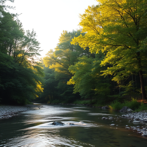 Create an image of a serene, sunlit forest scene with a clear, gently flowing river. Tall trees with lush green foliage line both sides of the river, their leaves bathed in the warm golden light of the setting or rising sun. The sunlight filters through the trees, casting soft, dappled light on the river, which flows over smooth rocks and pebbles, creating a peaceful, natural atmosphere. The sky is bright with a few scattered clouds, and the overall mood is tranquil, evoking a deep sense of connection with nature. The image captures the beauty of a calm, pristine forest landscape at either dawn or dusk.